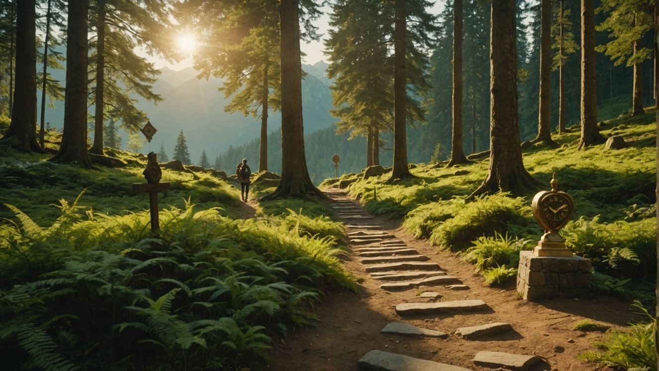 A person confidently walks along a winding path in a lush forest, symbolizing the benefits of goal setting, with milestone markers representing achievements and a compass for direction, all illuminated by golden sunlight.