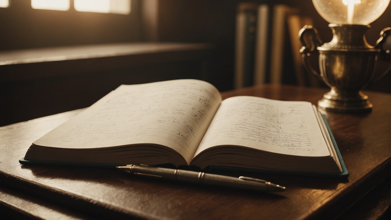 Close-up of a journal filled with goals, a pen, a trophy, and a tape measure, symbolizing the benefits of goal setting and measurement of success.