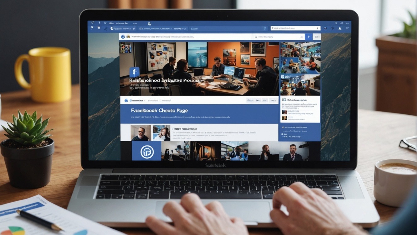 Team of professionals collaborating around a laptop displaying a vibrant Facebook business page, emphasizing the importance of a Facebook marketing strategy.